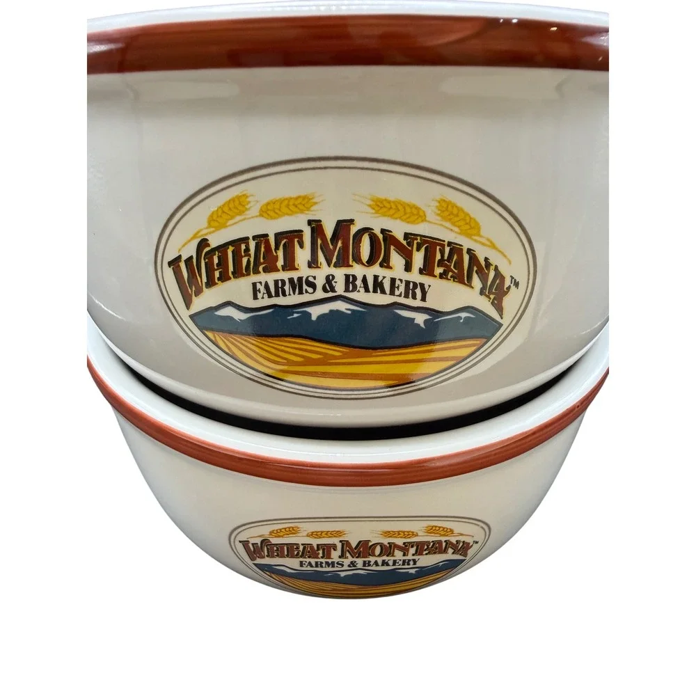 Wheat Montana Farms & Bakery Ceramic Bowls Set of 2 White Brown Rim 6 Inch